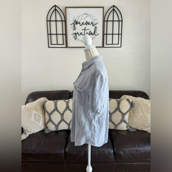 Merona Classic Blue Pinstriped Linen Blend Short Sleeve Button Down Shirt Sz M - Picture 7 of 11